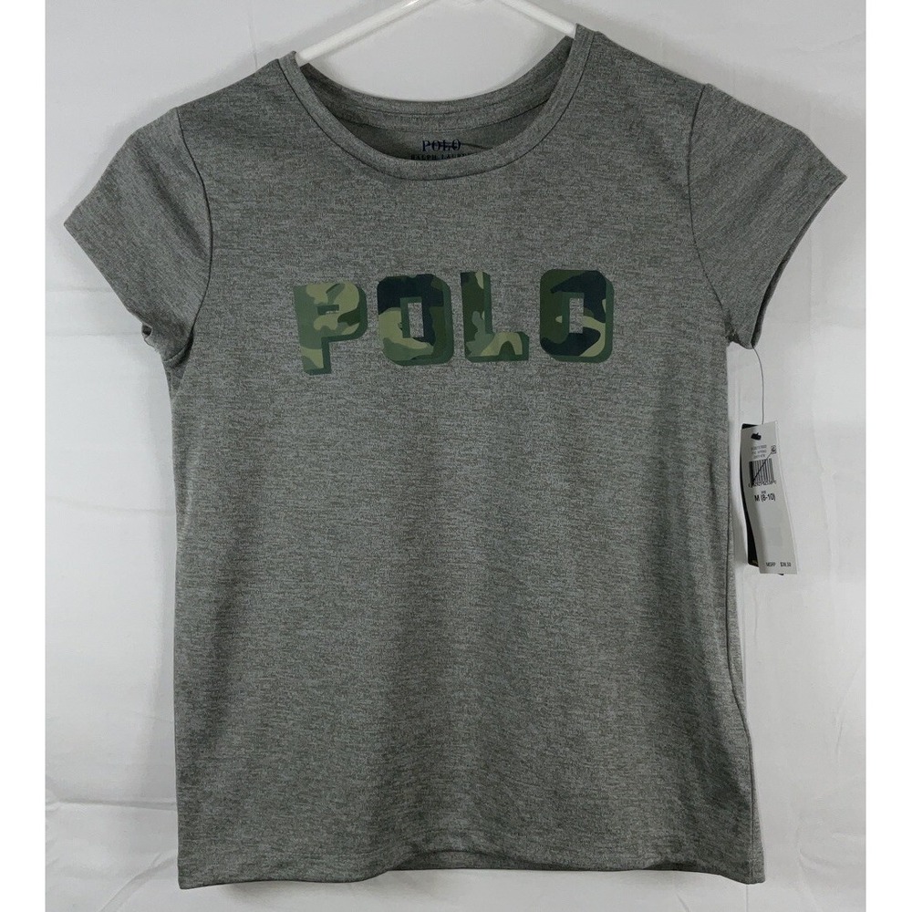 NWT Youth Polo Ralph Lauren‎ Gray Heather w/ Green Camo POLO Logo T-Shirt 8-10